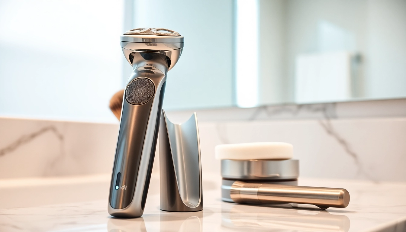 Demonstrating electric shaver for close shave with a sleek design in a modern bathroom setting.