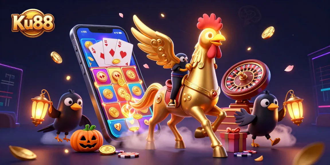Experience the excitement of Ku88 with a dynamic casino scene featuring a golden rooster and magical elements.