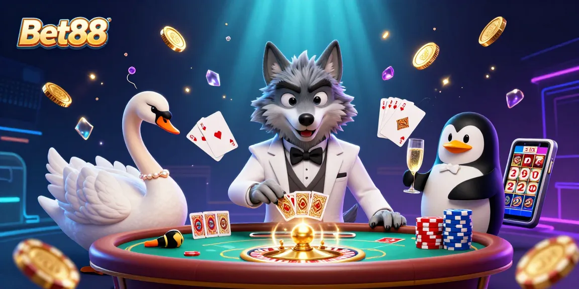 Bet88 features an engaging scene with vibrant characters celebrating luck at a baccarat table.