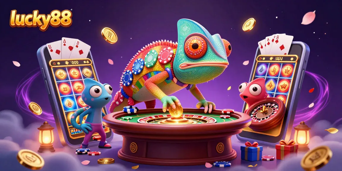 Engage in exciting gameplay with lucky88's vibrant 3D illustration showcasing a colorful casino scene.