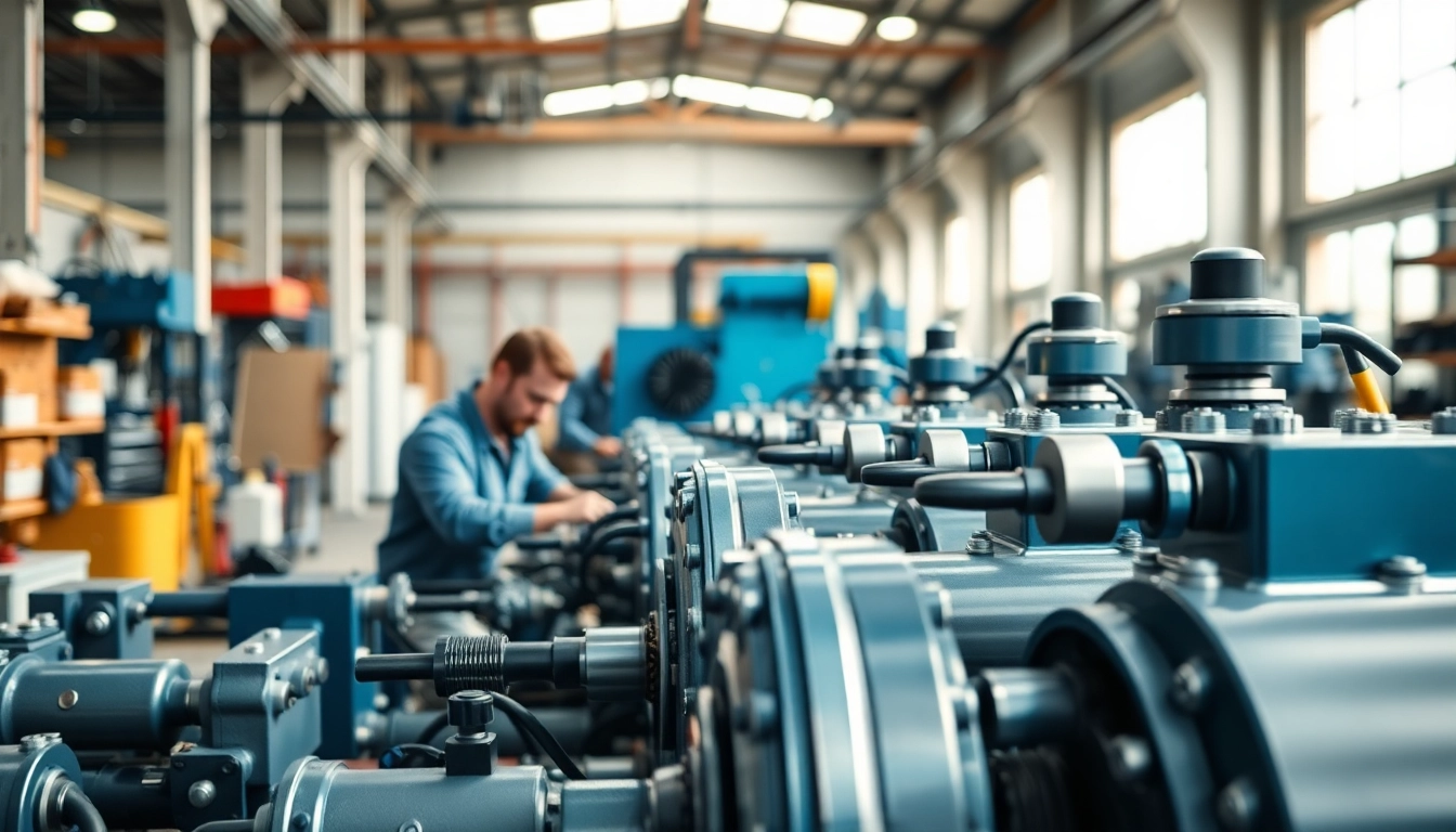 Showcase of industrial hydraulics solutions in a professional workshop environment with machinery in action.
