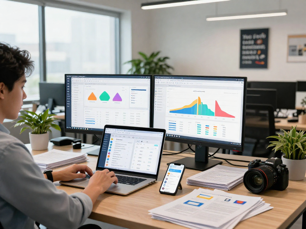 Buy app installs as marketing manager reviews app download analytics in modern office.
