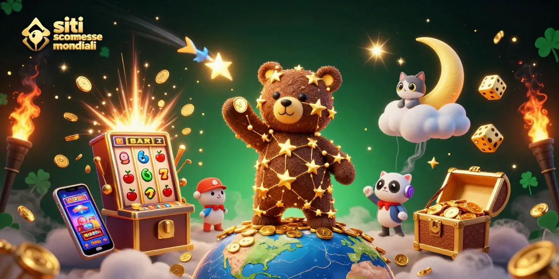 Scommetti sui siti scommesse mondiali con un'illustrazione 3D di orso, monete e slot machine vibranti.