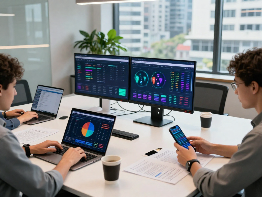 Bola88 team collaborating in a modern workspace analyzing digital betting options.