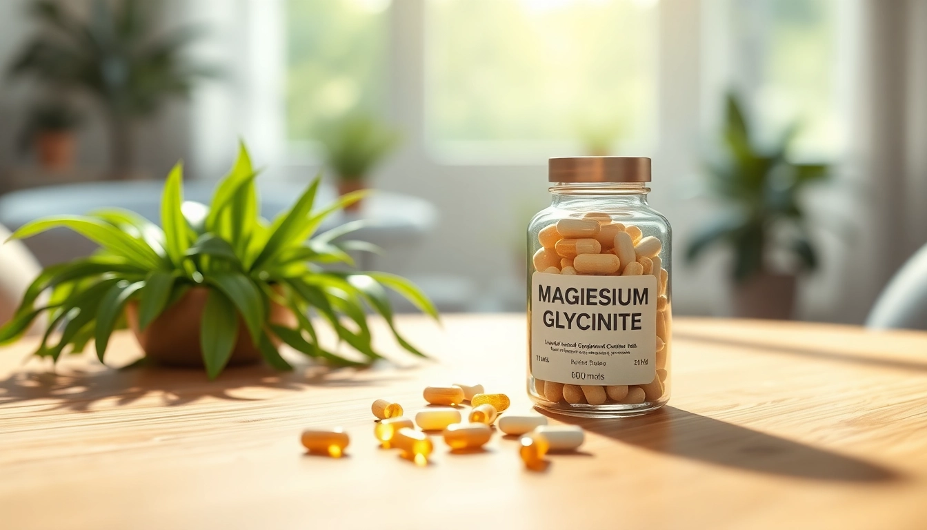 Prominently displayed magnesium glycinate supplements evoke a sense of calm and health in a serene setting.
