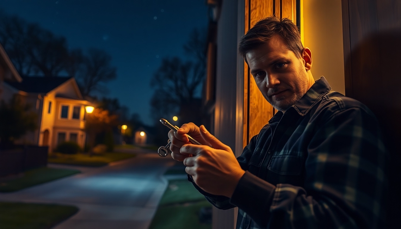 24h locksmith assisting a homeowner during a night emergency at their door.