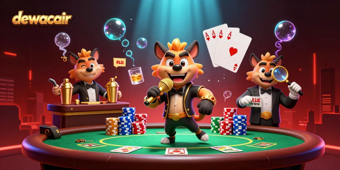 Dewacair platform promotes excitement as hyenas entertain in a bustling casino scene.