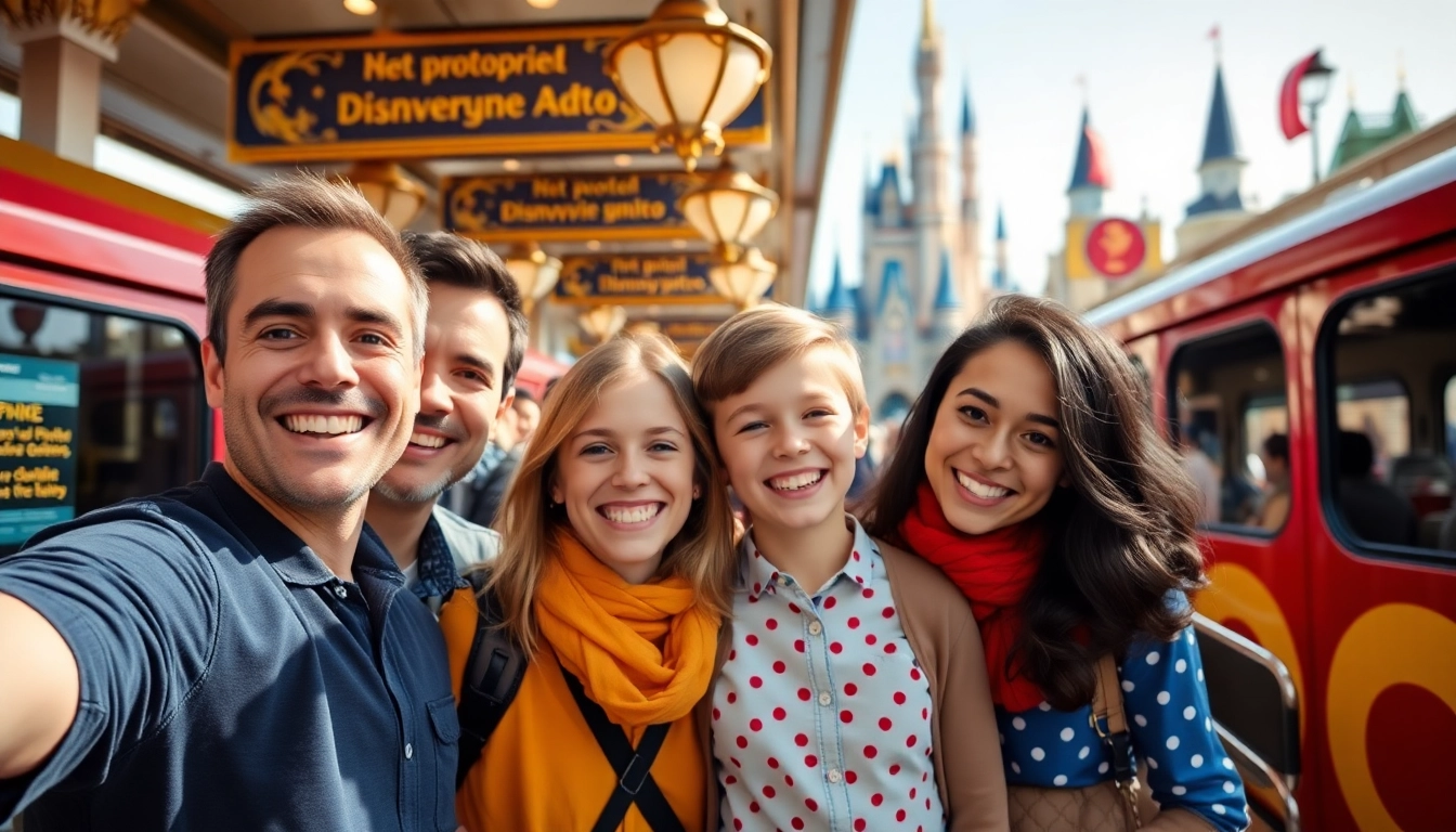 Families enjoying a Disneyland Paris transfer, vibrant atmosphere, and cheerful energy.