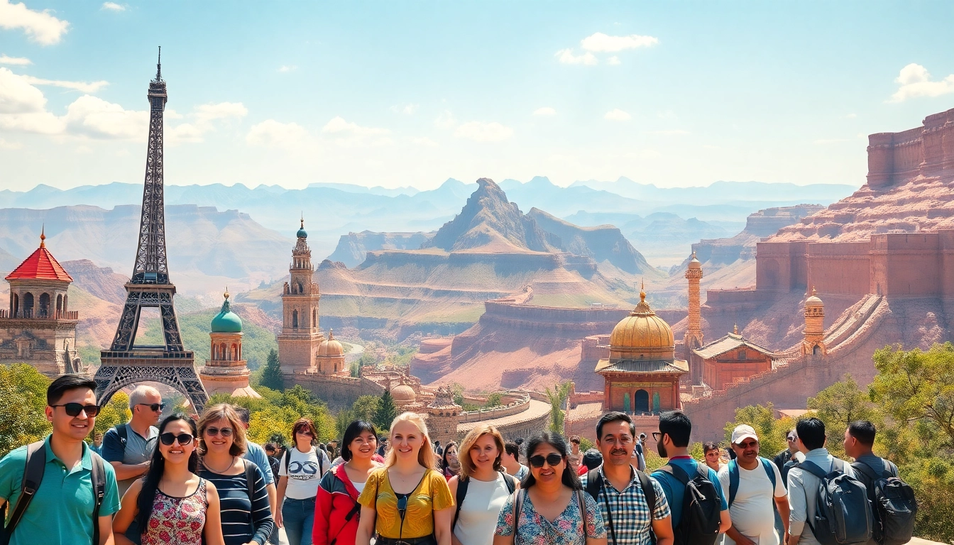 Engaging view of travelers at stunning round the world destinations highlighting iconic landmarks.