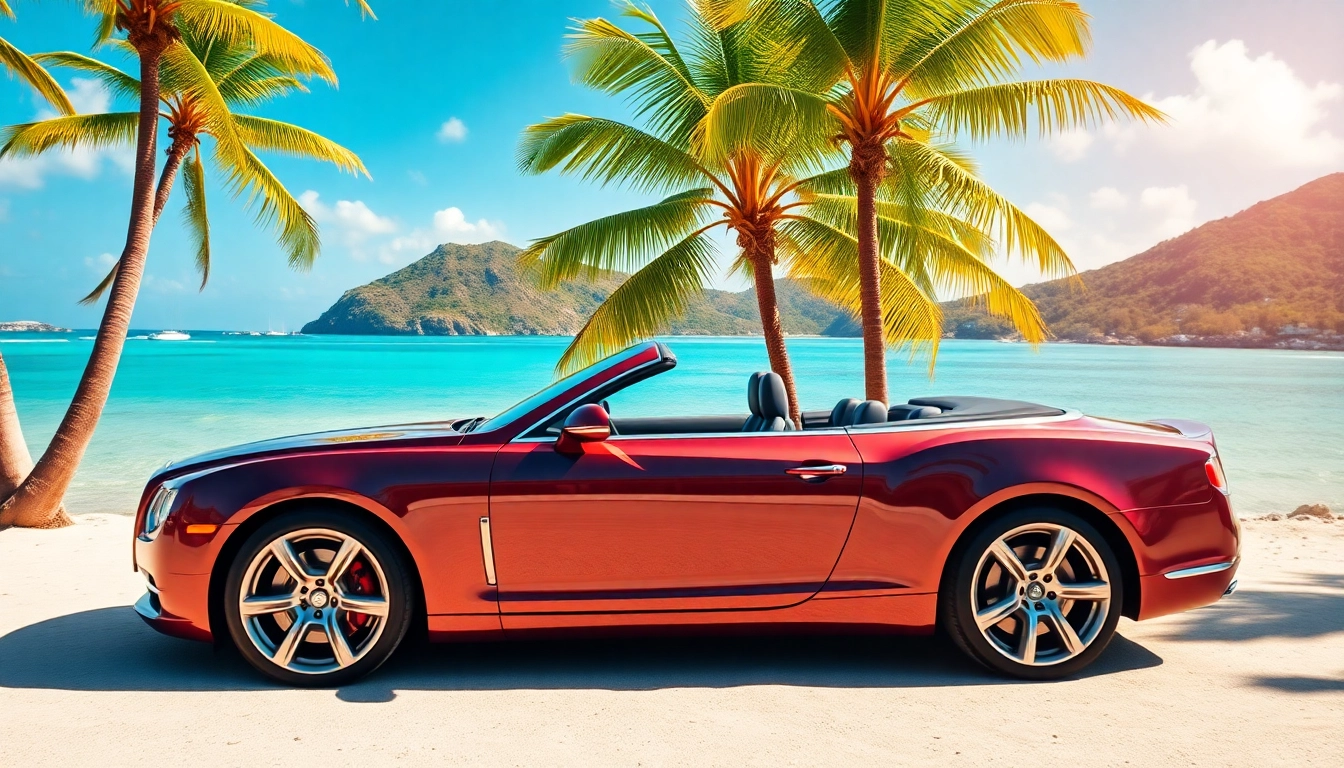 Enjoying car rental st barts with a luxury convertible by the beach.