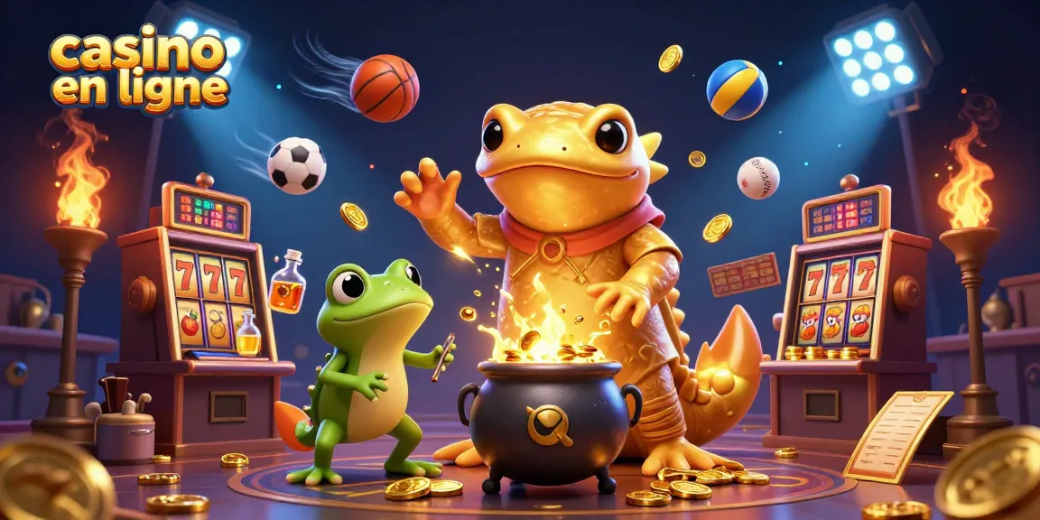 Illustration d'un casino en ligne avec alchimiste et éléments de jeu dynamiques.