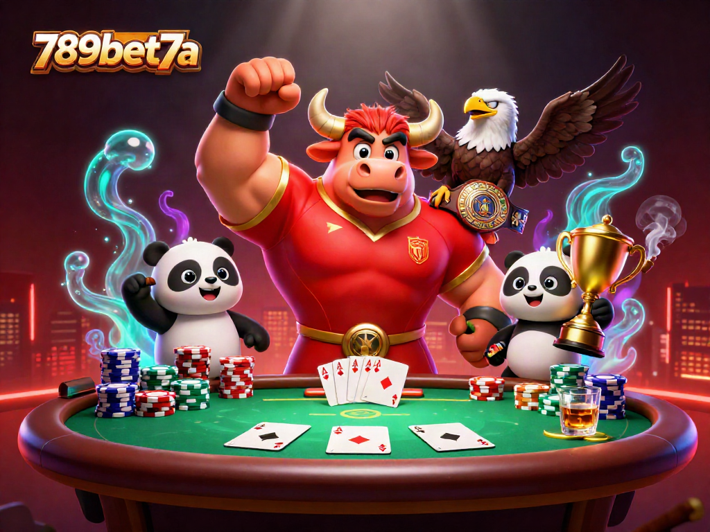 Play exciting games at 789bet7a with energetic characters celebrating wins surrounded by casino elements.