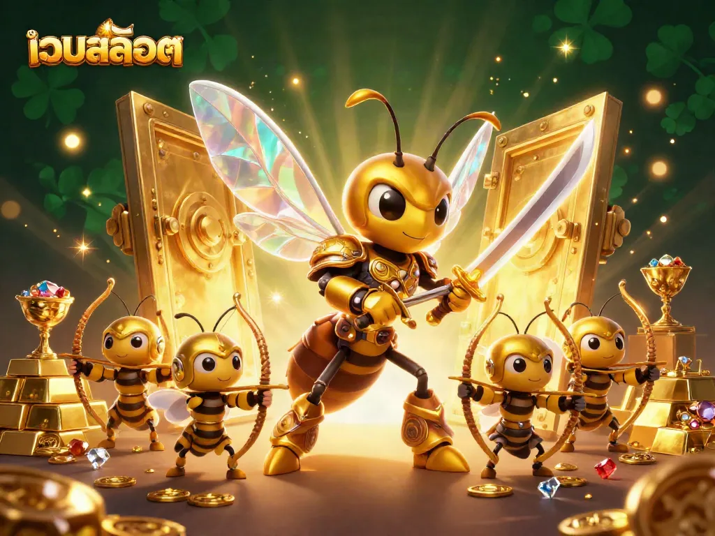 Experience thrilling เว็บสล็อต action with golden samurai hornet and bee archers in a vibrant casino treasure scene.