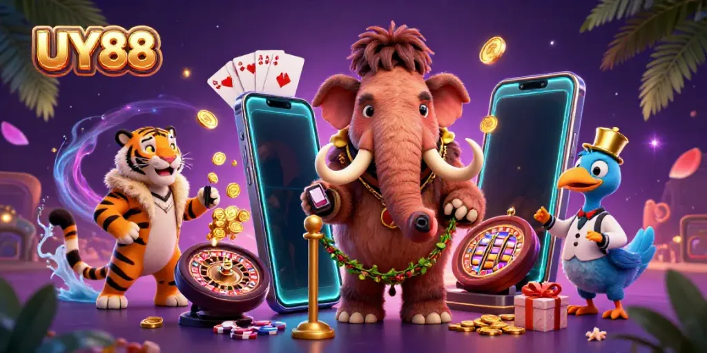 Experience UY88 casino sophistication with cartoon characters and dynamic gaming elements.
