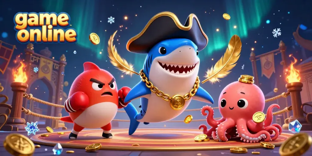 Experience the thrill of game online with a pirate shark, pufferfish, and octopus in a vibrant casino setting.