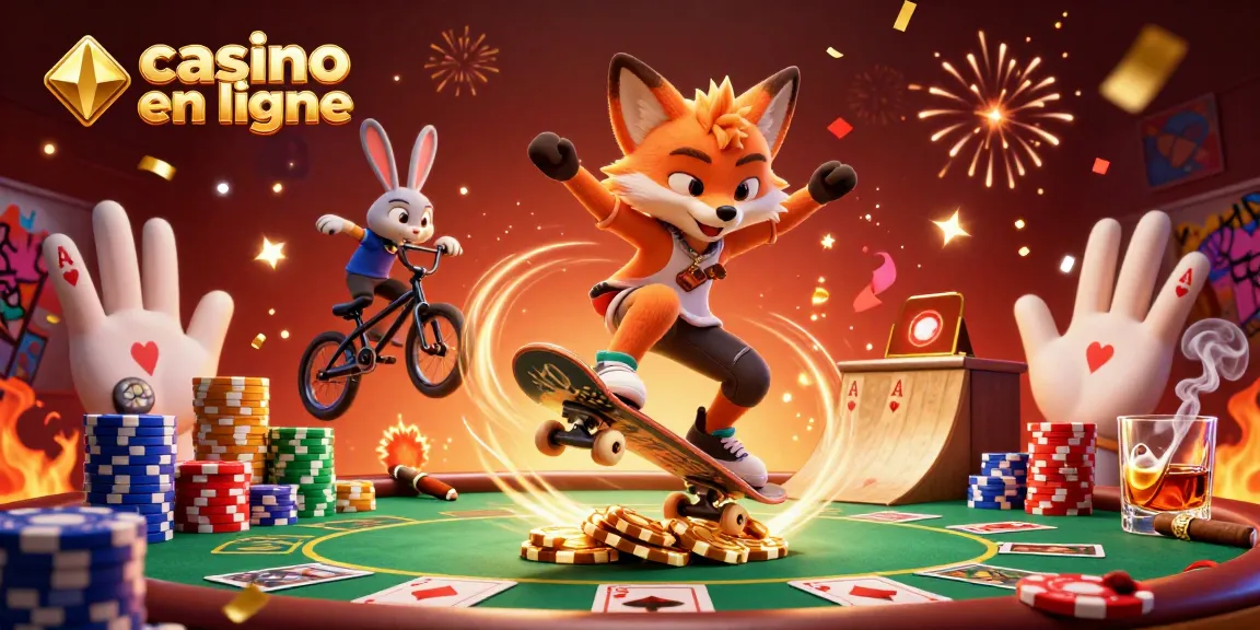 Illustration dynamique de casino en ligne avec un renard faisant un kickflip et un lapin BMX.