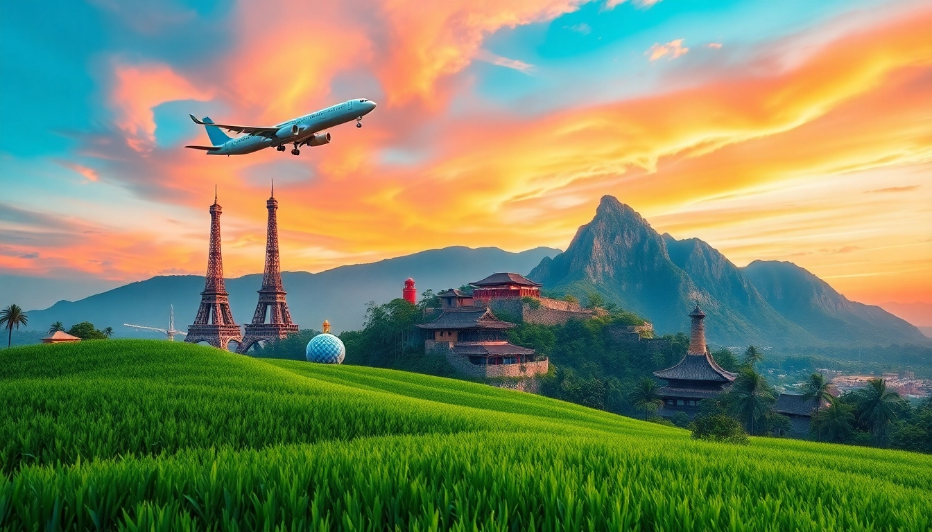 Experience round the world holidays with an airplane soaring over famous landmarks in vibrant colors.