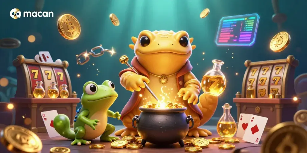Engage with qq macan's lively casino world featuring a golden salamander alchemist amid slot reels and shimmering gold.
