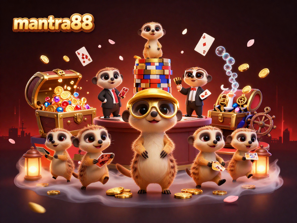 Experience mantra88's thrilling online gaming with dynamic meerkat characters in an engaging casino illustration.
