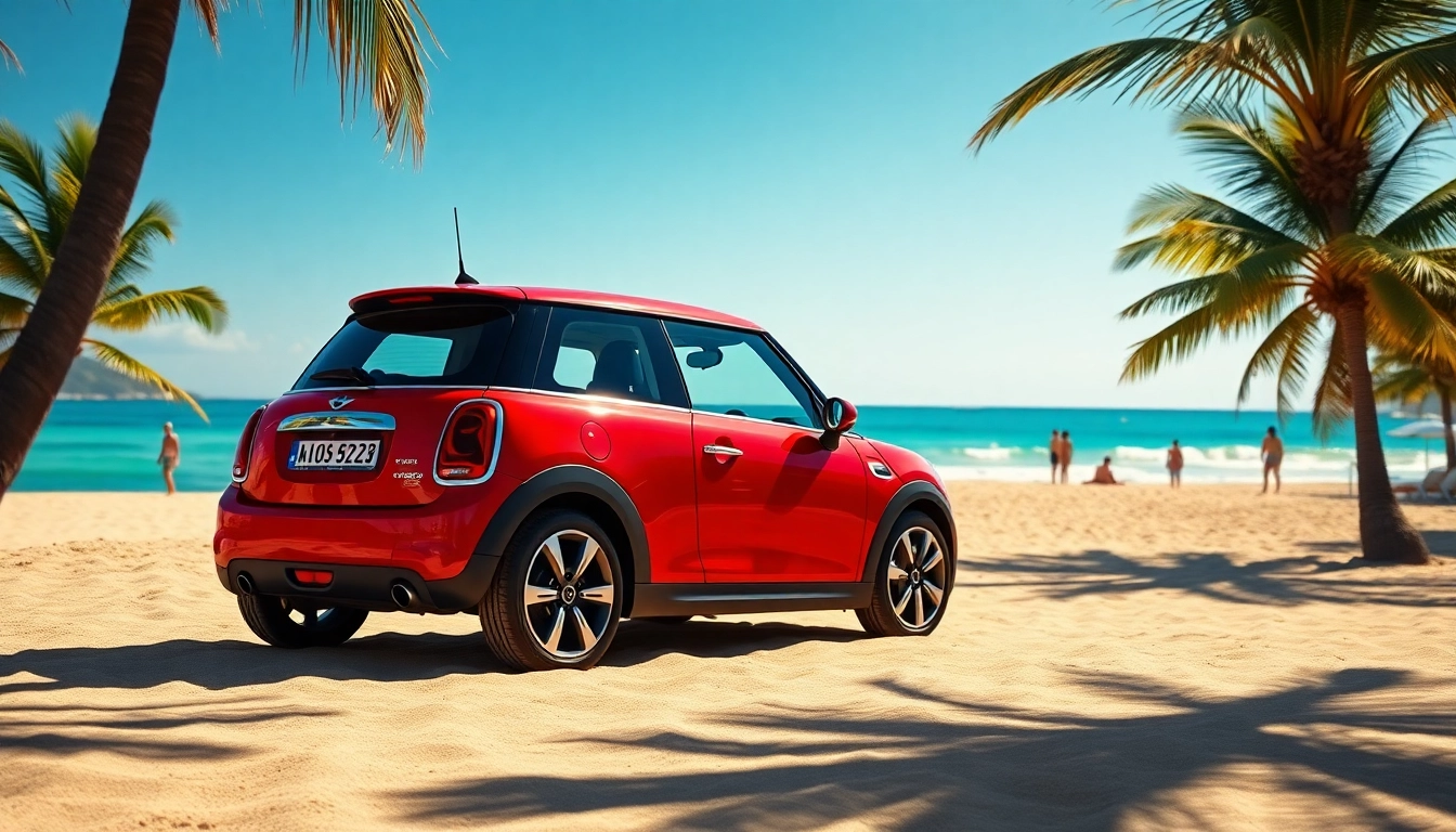 Rent Mini Cooper St Barths on a sunny beach with crystal-clear water and golden sand.