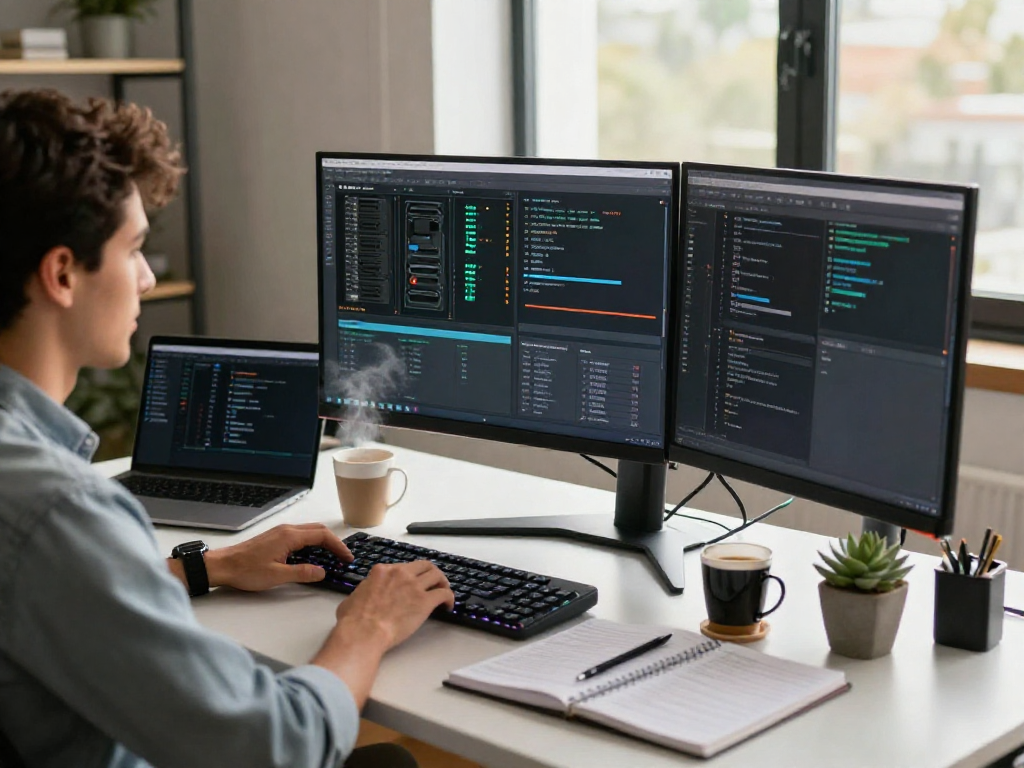 A tech workspace showing VPS Hosting en México management software in use with a focused professional.