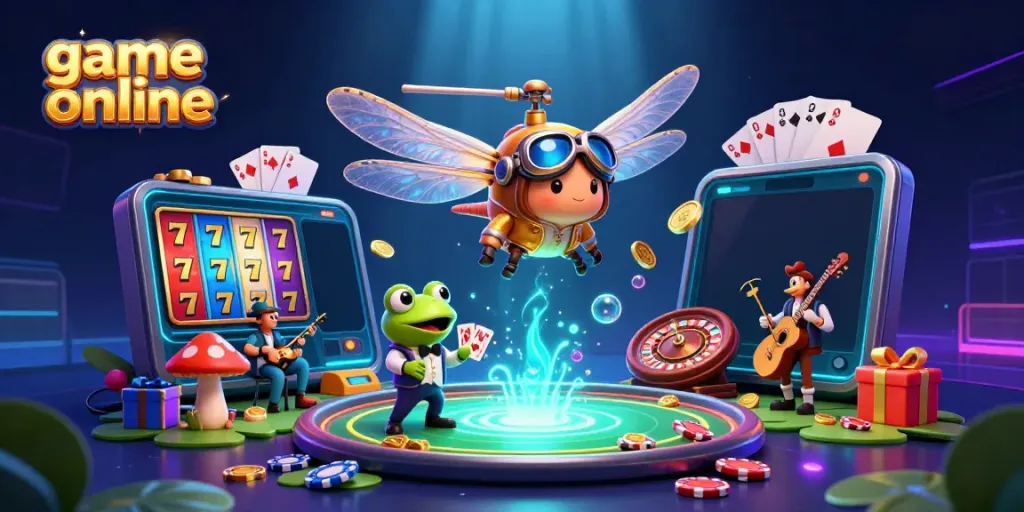 Play thrilling game online with a dragonfly pilot and frog croupier amid vibrant casino action