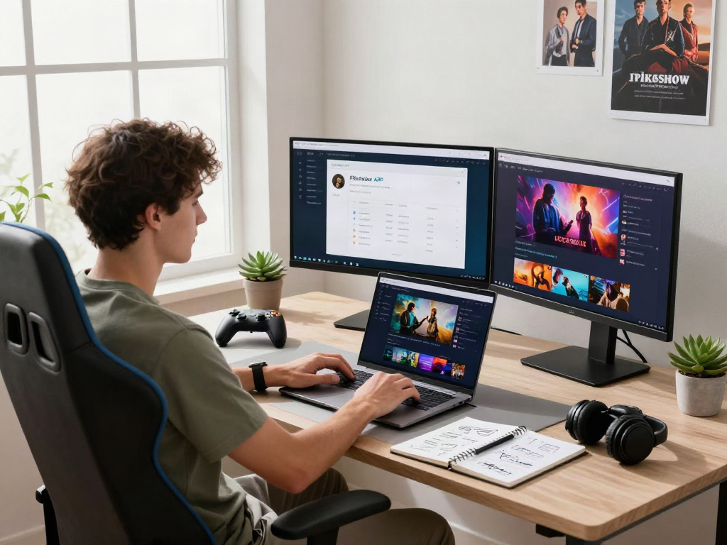 Pikashow APK features displayed on modern home workspace with vibrant streaming content.