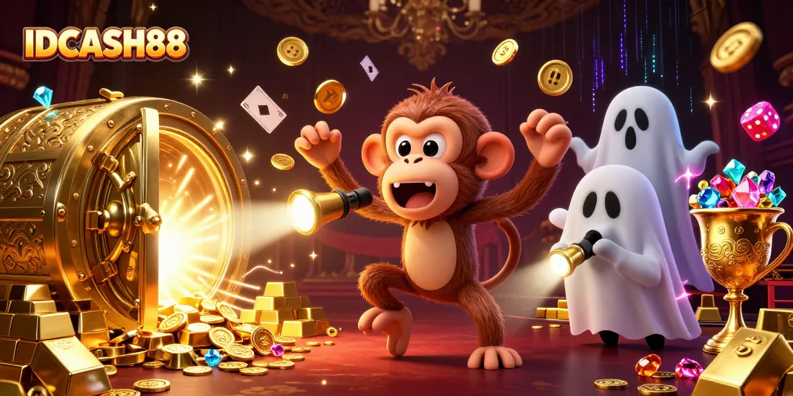 Hit the jackpots at IDCASH88 with a playful poltergeist monkey juggling gold in a haunted casino