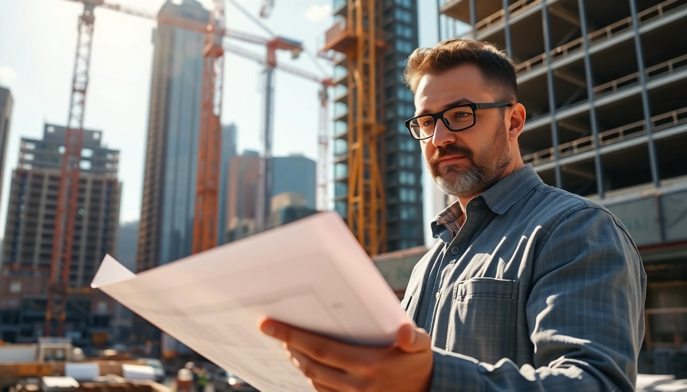 New York Construction Manager analyzing project blueprints at a construction site