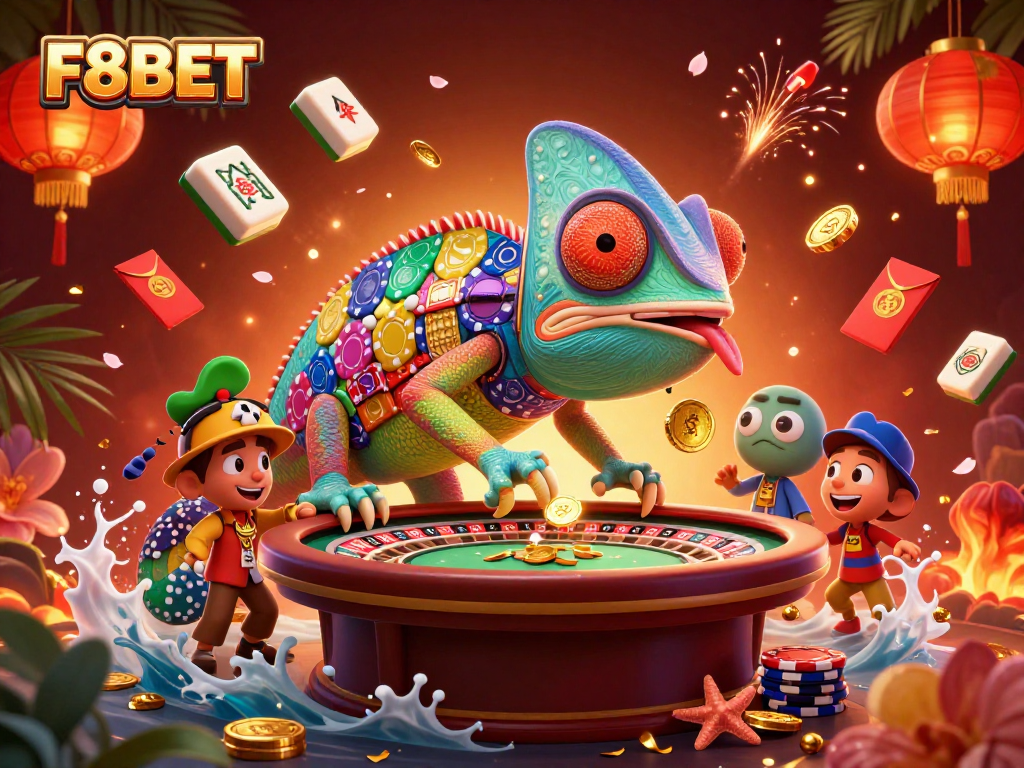 Experience the vibrant excitement of F8BET with lively casino elements and a whimsical chameleon character.
