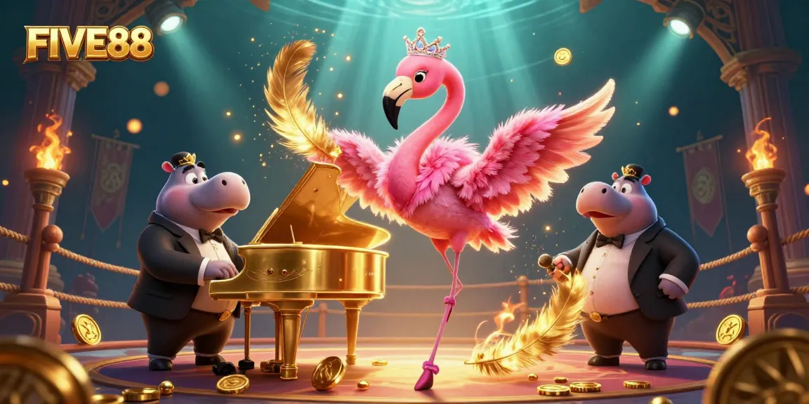 Experience the vibrant energy of FIVE88 with a flamingo singer and hippo bassist in a dazzling casino scene.
