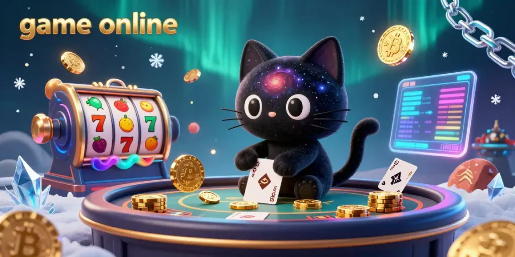 Engage in game online excitement with a cosmic casino scene featuring a black hole cat and vibrant elements.