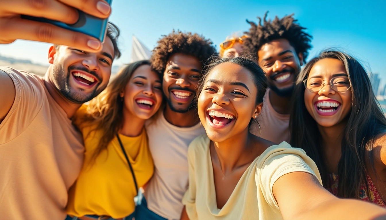 Friends taking a joyful selfie outdoors against a bright, scenic background.