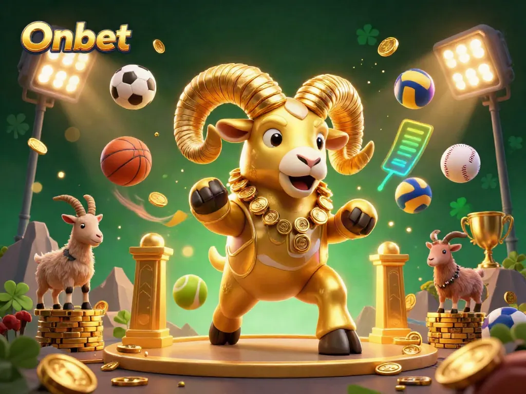 Experience thrilling betting at Onbet with a charging golden ram symbolizing fortune and dynamic sports elements.