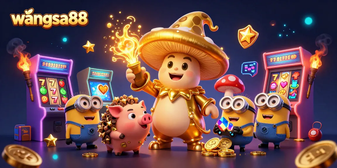 Experience the magic of wangsa88 with a golden mushroom wizard and treasures in a vibrant casino scene.