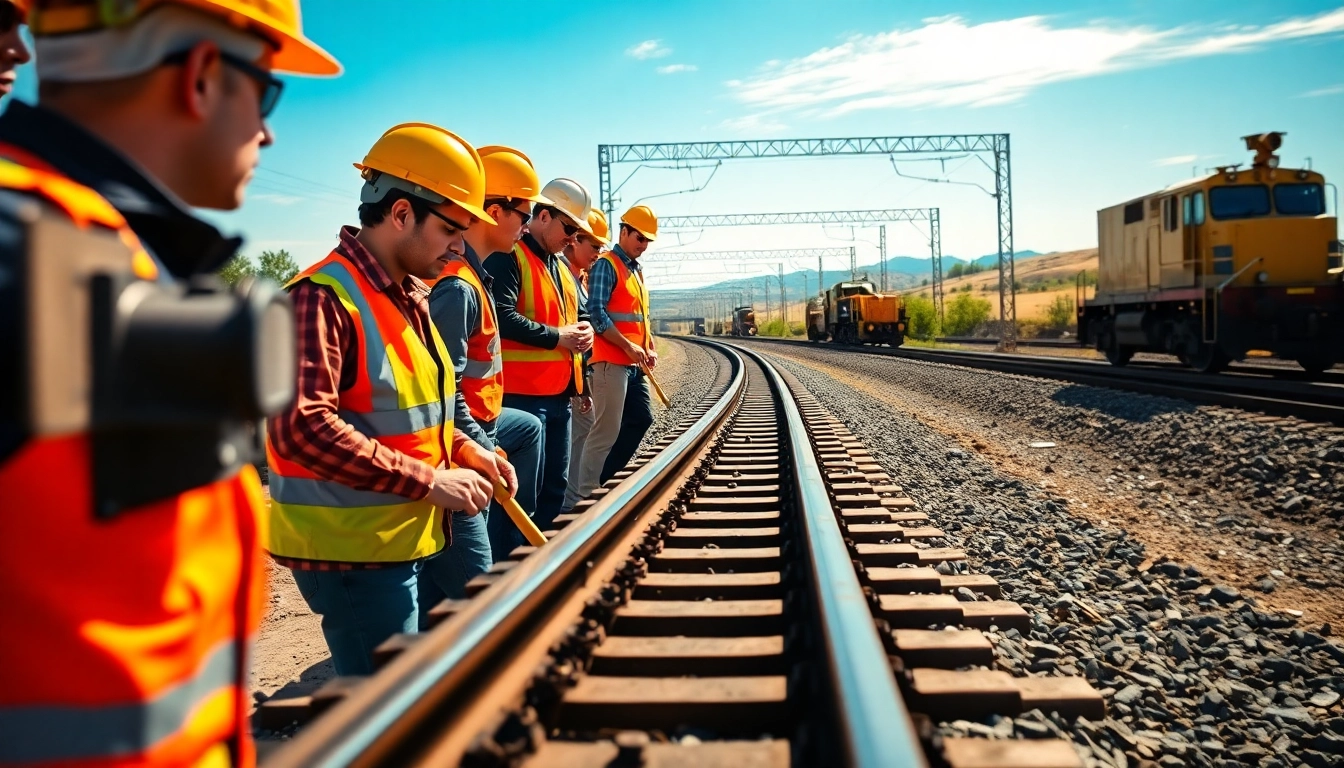 Railroad Contractors overseeing track construction, showcasing teamwork and safety on-site.