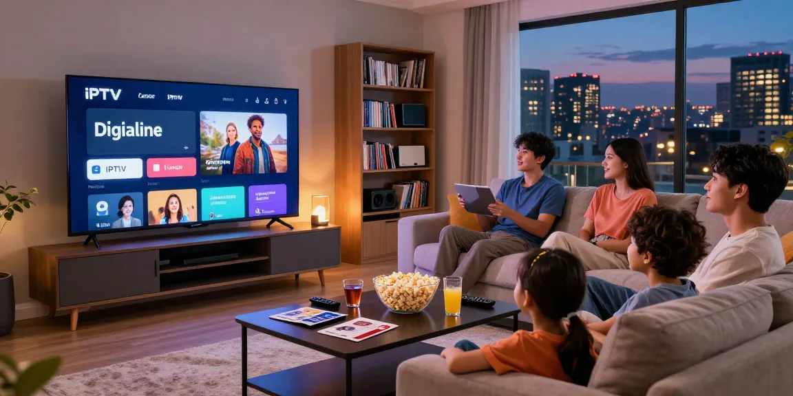 Family enjoying movie night with digitaline IPTV on a smart TV in cozy living room