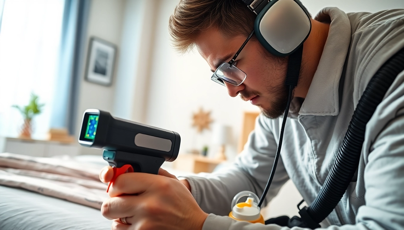 Bed bug exterminator inspecting a bedroom with high-tech tools for effective pest control