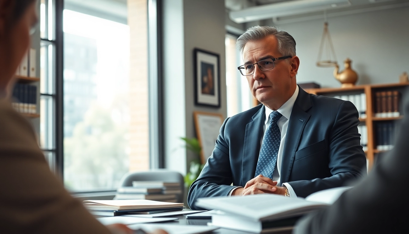 Engaging Atlanta Criminal Defense Lawyer consulting with a client in a modern law office.