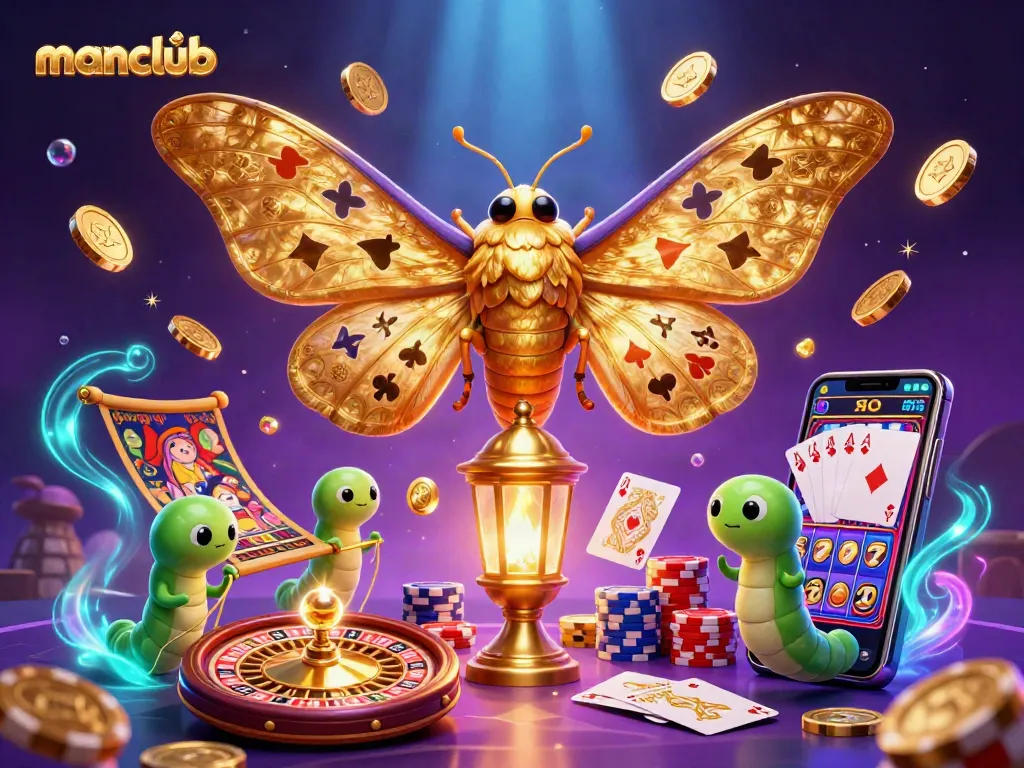 Experience thrilling gameplay at Manclub with golden coins, vibrant poker chips, and a captivating 3D moth.