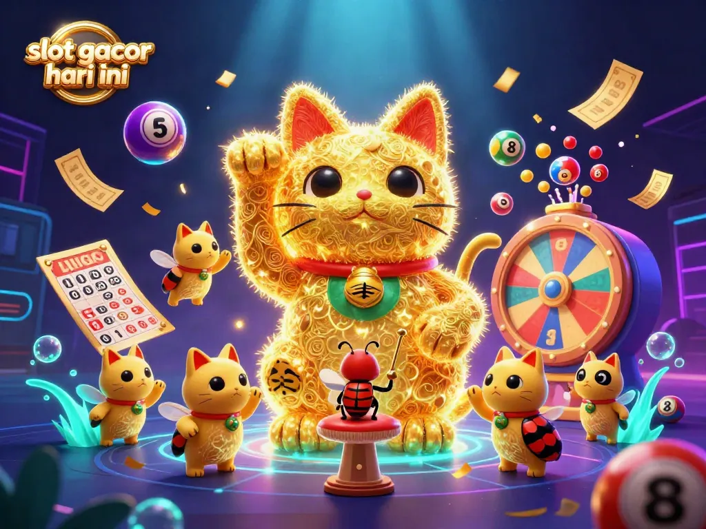 Celebrate gaming excitement with slot gacor hari ini visualized through a vibrant lucky cat and casino symbols.