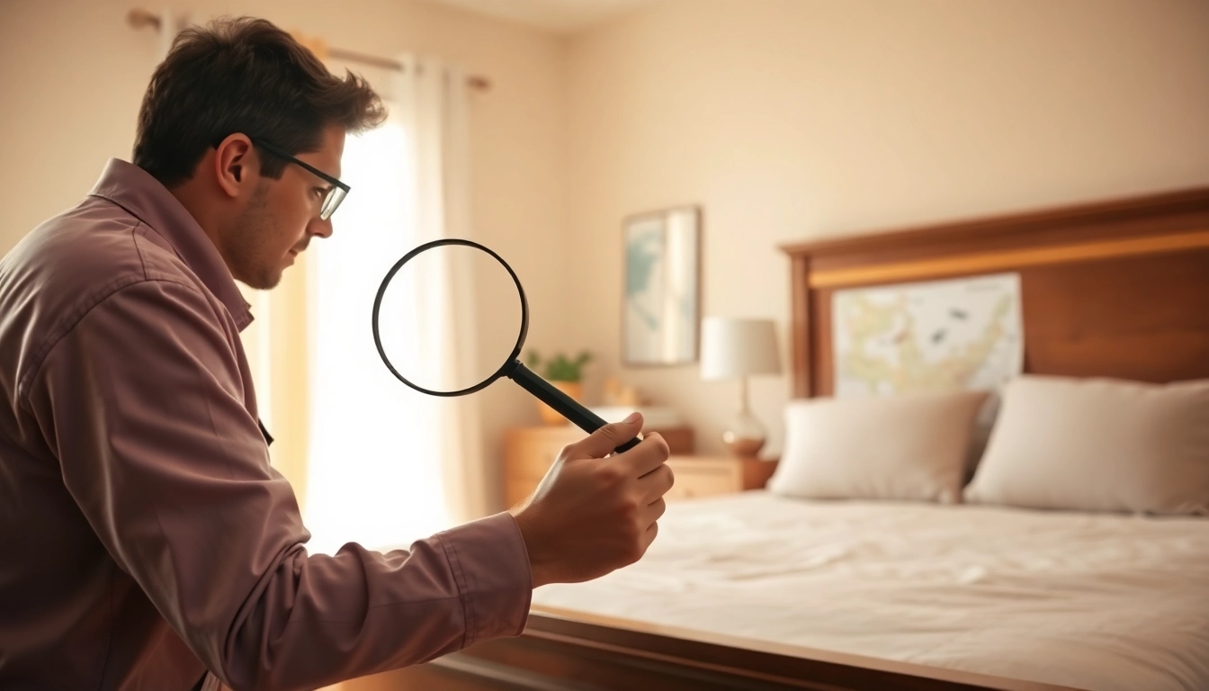 Bed bug exterminator inspecting a bedroom for infestations with professional tools.