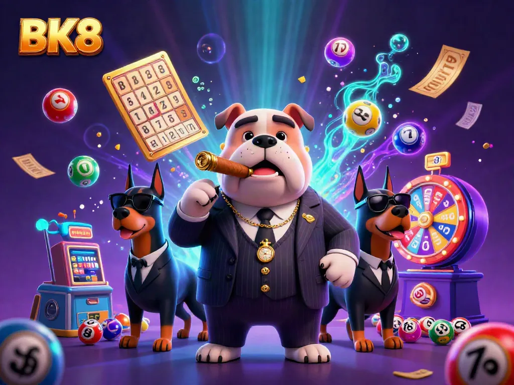 Engage in thrilling gameplay at BK8 with dynamic lottery balls and a mafia boss cartoon.