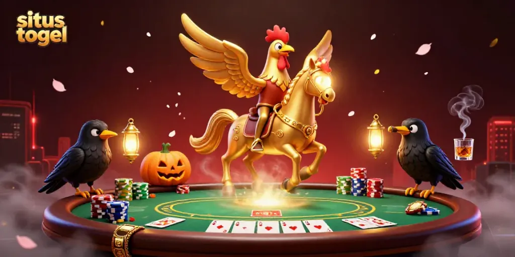 Experience the thrill of situs togel with a golden rooster in a casino setting, surrounded by poker action.
