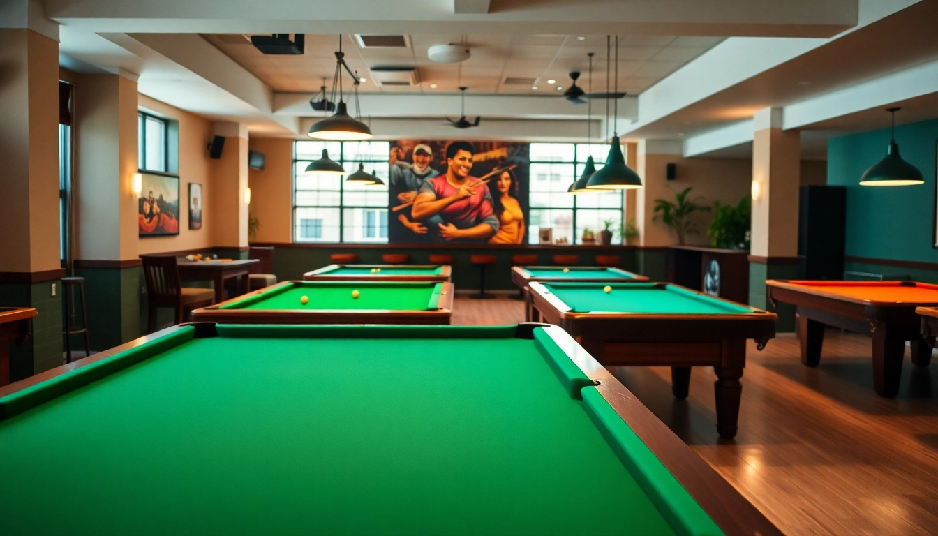 Engaging pool table locating service featuring various tables in a vibrant game room setting.