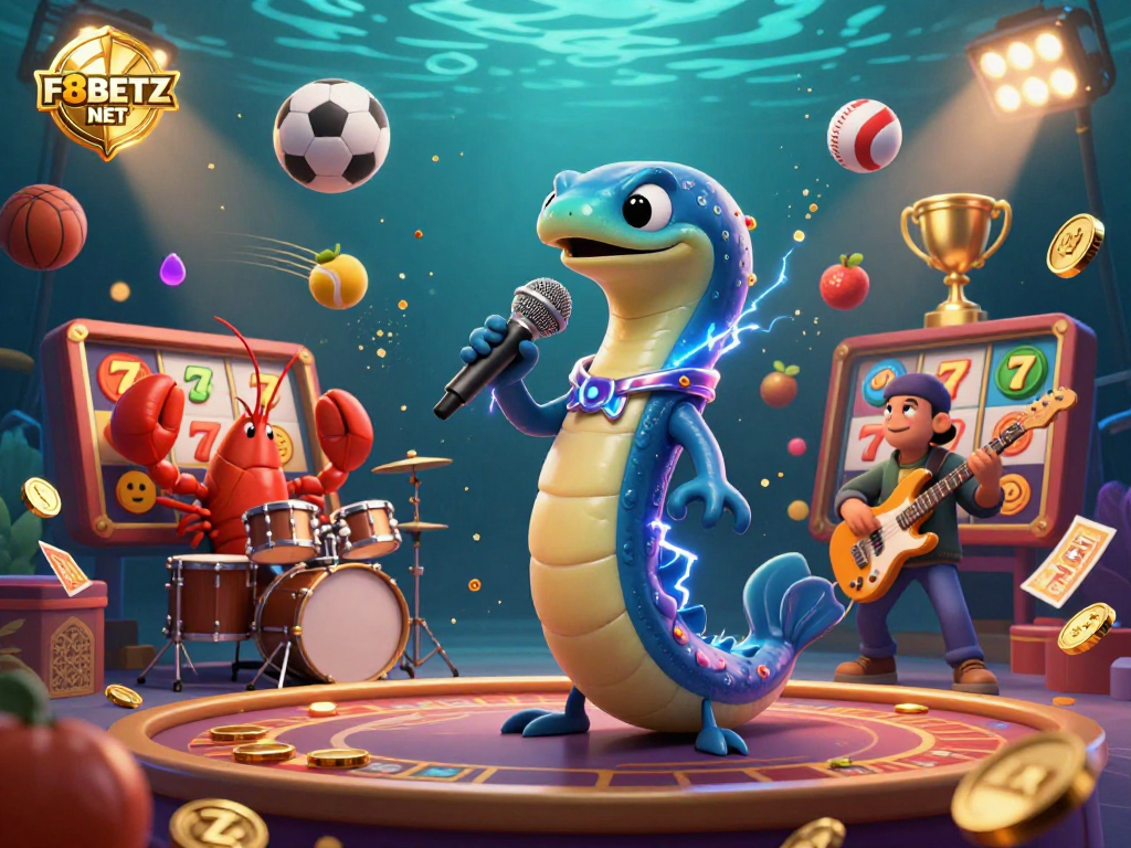 Experience thrilling wins at F8BETZ NET with our vibrant underwater casino illustration featuring electric eel DJs.