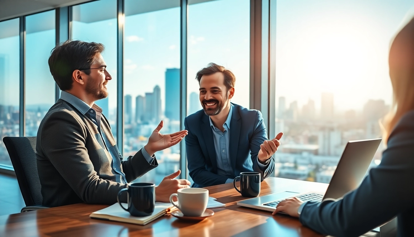 Business coach Los Angeles California guiding a client in a modern office setting.