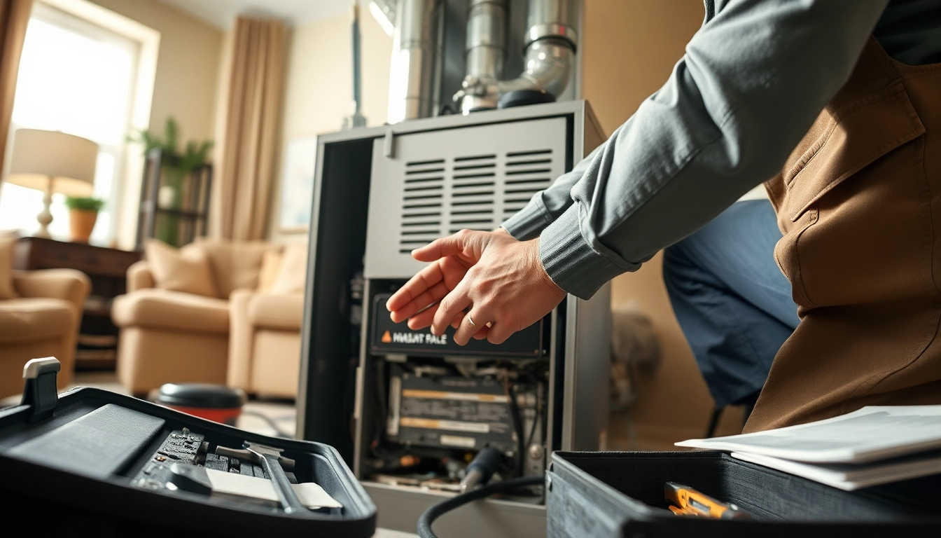 Technician performing furnace repair patterson in a cozy home environment.