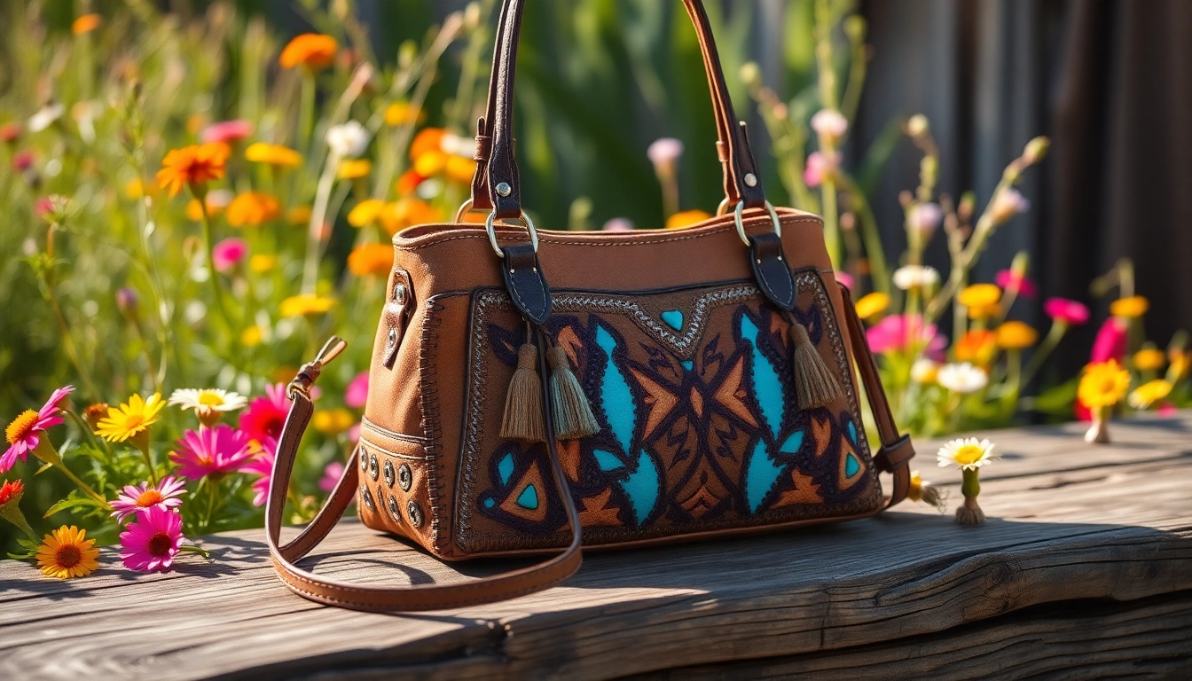 Showcase vibrant montana west purse on rustic table with wildflowers.