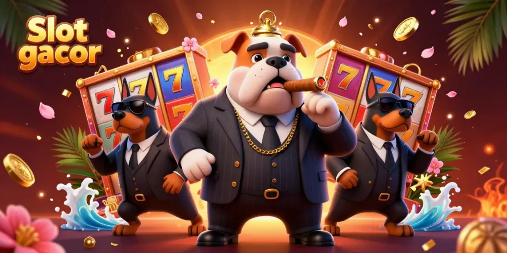 Spin Slot gacor with our 3D mafia boss and Doberman guards, surrounded by casino elements.